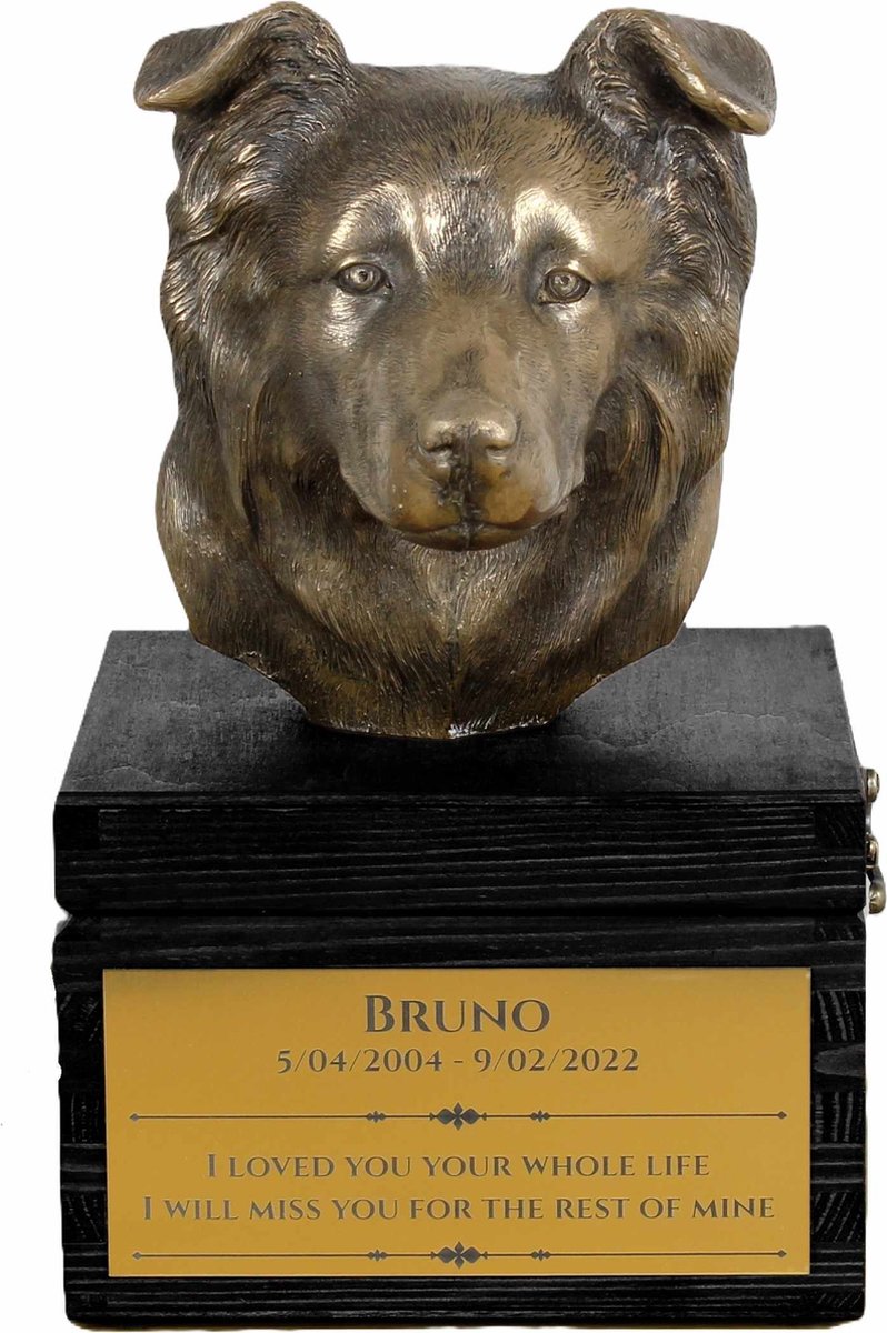 Handgemaakte urn hond met sculptuur en gravure van een Border Collie
