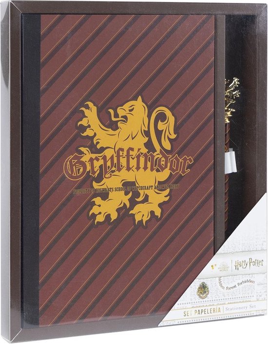 Gryffindor schrijfset met gestreept bruin notitieboek en gouden pen met Griffioen.