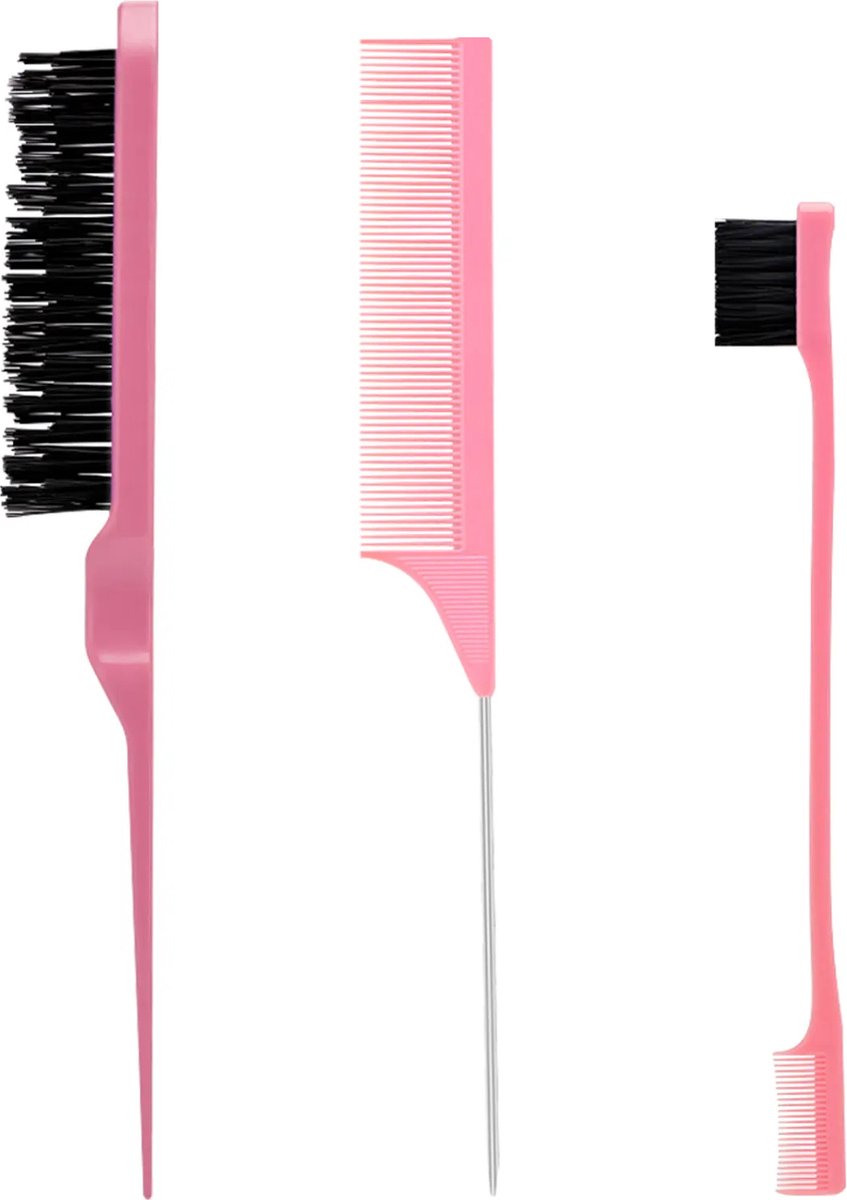 GEAR3000® edges brush - babyhaar - puntkam - wenkbrauwborstel - toupeerborstel - toupeerkam - 3-delig - roze