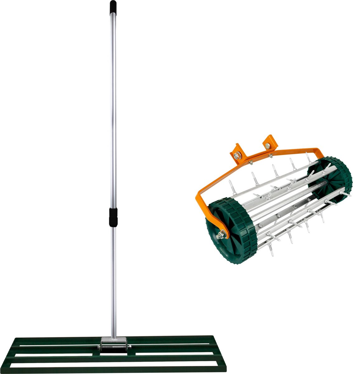 2-in-1 Verticuteer- en Gazonvlakker Set - Groen, Gegalvaniseerd Staal, Handvat van 2m