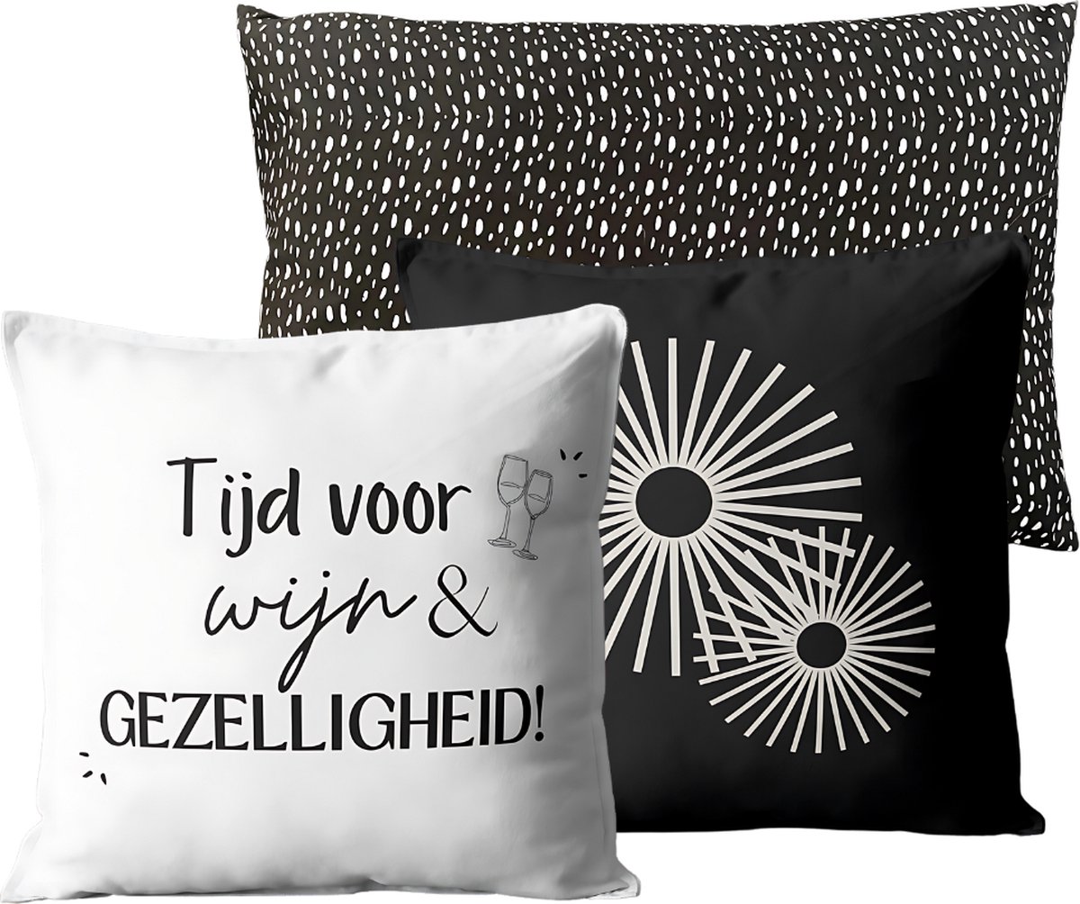 Buitenkussen Set van 3 voor Binnen en Buiten - tuinkussens - tuin - tuinaccessoires - tuininrichter - sierkussen - Wijn / Goede Dag / Zwart Hart - 40x40 cm - Dubbelzijdig Ontwerp