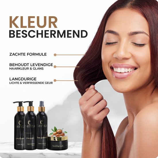 Vrouw met glanzend, bruin haar lacht en houdt haar haar vast. Drie flessen C-STYLE haarproducten.