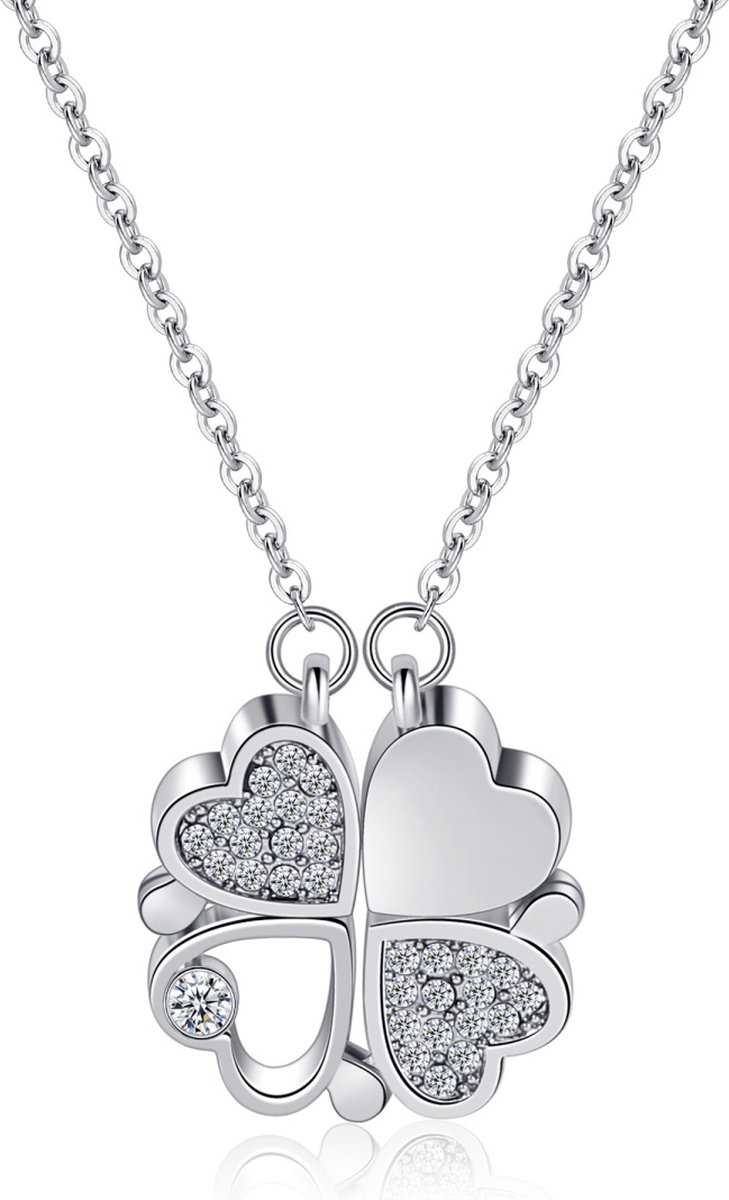 Juwelium Klavertje Vier Hartjes Ketting Verstelbaar 40 tot 45 cm met Zirkonia Kristallen in Luxe Sieradendoos met Rozen – Perfect Cadeau voor Vrouw, Vriendin, Moeder, Dochter