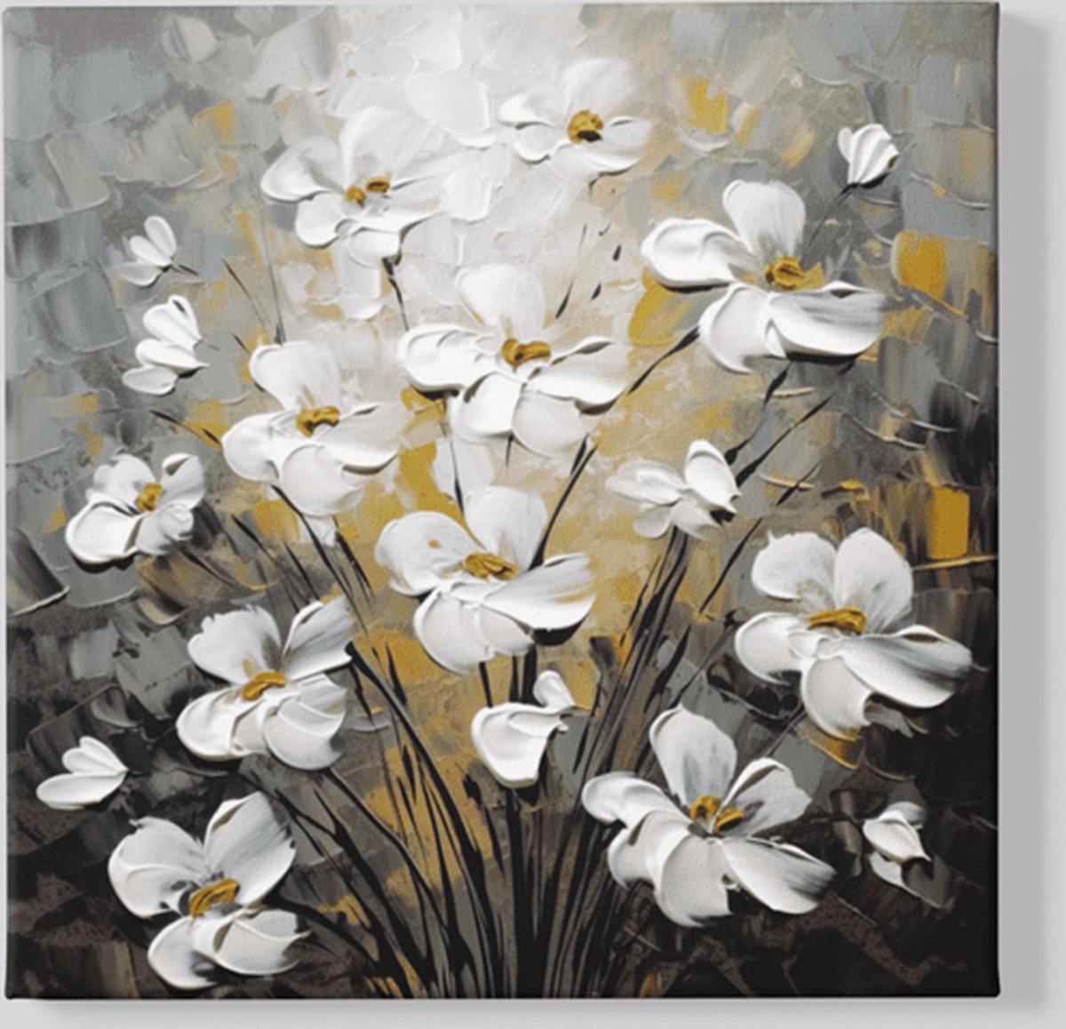 Trendex Global Vierkant Canvas Schilderij - Bloemen - Witte Madeliefjes - 60x60x 2 cm