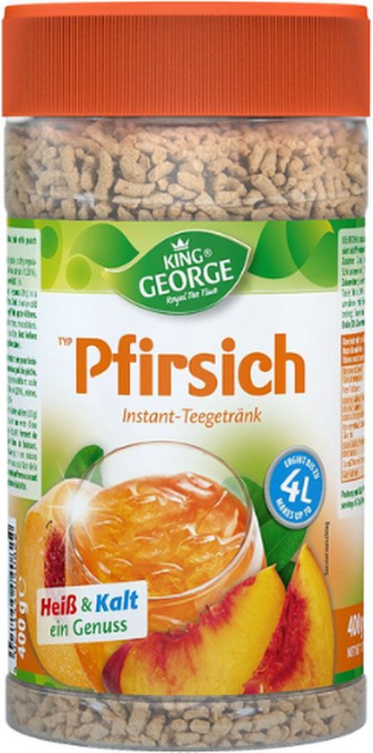 Pot de boisson instantanée King George Pêche. Avec image de tranches de pêche et un verre de thé à la pêche.