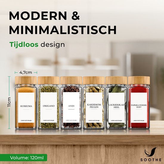 Soothe 24 Pots à Épices en Verre Carrés avec Couvercles en Bambou - 2 Types de Couvercles à Saupoudrer - Saupoudreur d'Épices - Spice Jars - Ensemble Complet incluant des Étiquettes d'Épices, un Stylo Craie et des Accessoires - 120ml