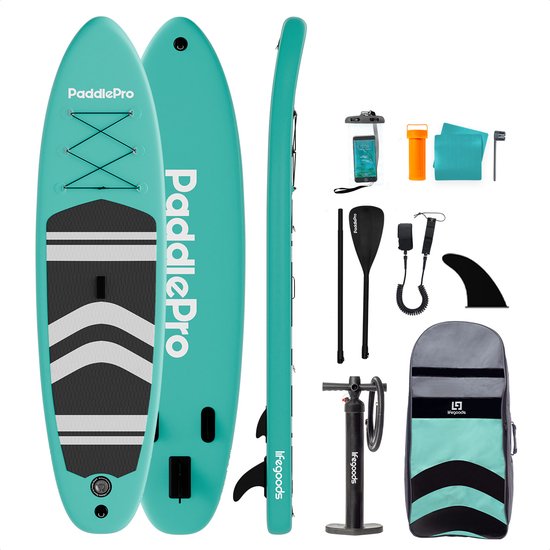 LifeGoods SUP board – opblaasbaar – complete set – 320×81 cm – mintgroen/zwart
