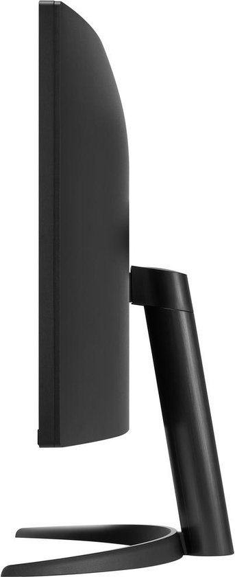 Zijaanzicht van een zwarte, gebogen LG UltraWide monitor met een slanke rand en een gebogen standaard.