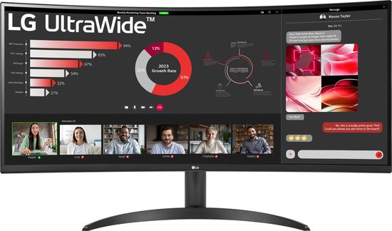 Gebogen LG UltraWide monitor die een online vergadering met data en video-oproepen weergeeft.