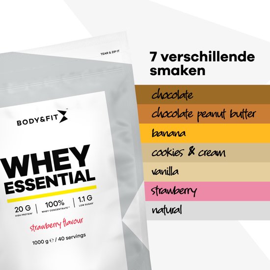 Body & Fit Whey Essential - Eiwitpoeder - Proteine Poeder - 100% Whey Eiwitconcentraat - Whey Protein - Eiwitshakes - Chocolade - 500 gram (20 shakes) — afbeelding 4