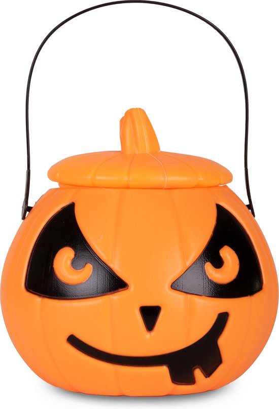 Oranje pompoen emmer met zwarte enge gezichtsuitdrukking, deksel en zwart hengsel.