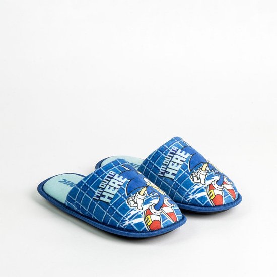 Paar blauwe pantoffels met ruitpatroon, Sonic the Hedgehog print en tekst.
