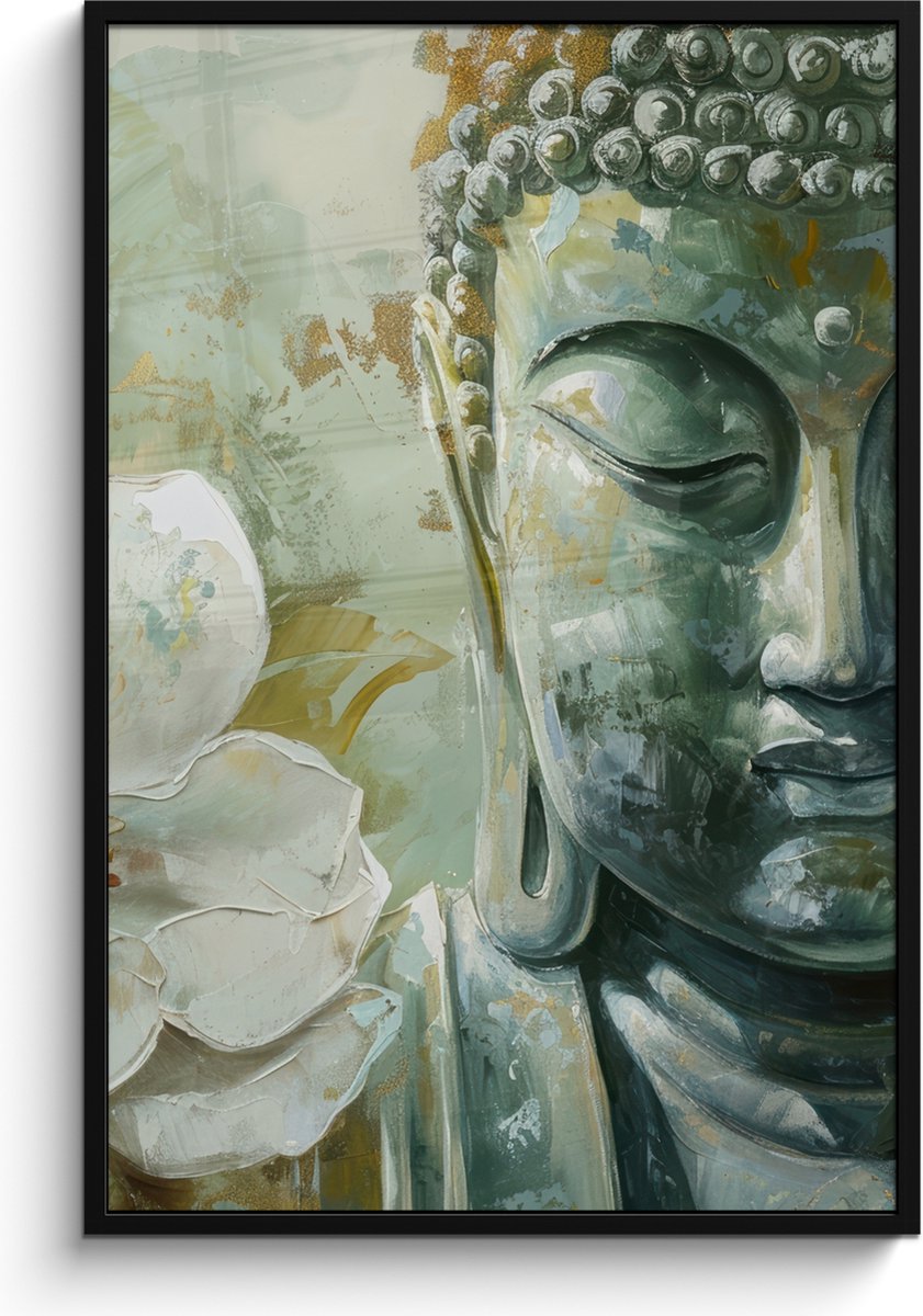 FrameYourWall Poster in lijst - Fotolijst 80x120 cm - Posters - Boeddha - Groen - Lotusbloem - Wit - Posterlijst zwart - Decoratie - Wanddecoratie woonkamer - Muurdecoratie slaapkamer