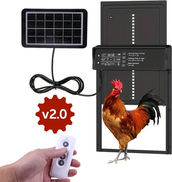 UniEgg® Premium Solar Automatische deur 2.0 met lichtsensor + timer + afstandsbediening | Extra stevig 4e generatie | Chickenguard | Geschikt voor honden, katten, knaagdieren en kippen | Waterdicht | Professioneel | Energiezuinig | Inclusief Alarm