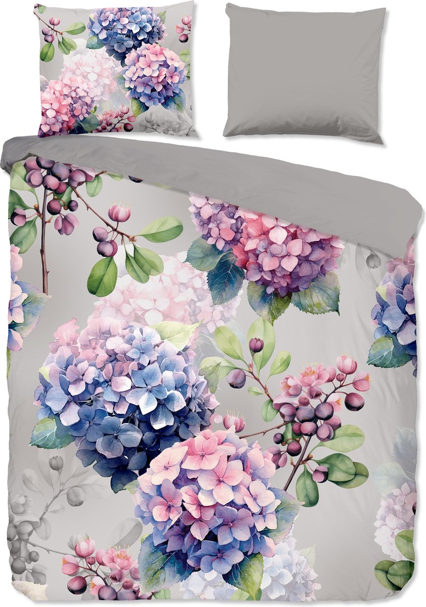 Good Morning dekbedovertrek hortensia bloemen - Lits jumeaux 240x200/220 cm - Grijs - 100% Katoen renforce