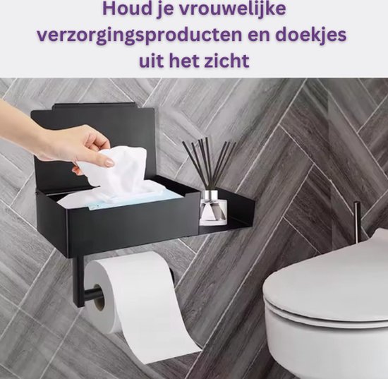 OTraki Toiletrolhouder Wandmontage Zelfklevende Dubbele Rollen Toiletpapierhouder met Plank Opbergdoos Rvs Weefselhanddoek Loo Rolhouder voor WC Badkamer Wasruimte Keuken Zwart