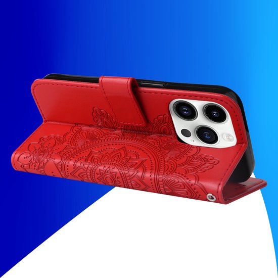 Étui adapté pour iPhone 16 Plus - Bookcase - Porte-cartes - Portefeuille - Imprimé fleuri - Simili cuir - Rouge