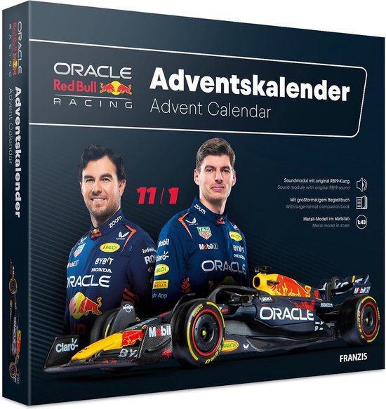 Foto: 1 43 franzis 67235 oracle red bull racing rb19 f1 max verstappen no 1 adventskalender metalen modelbouwpakket