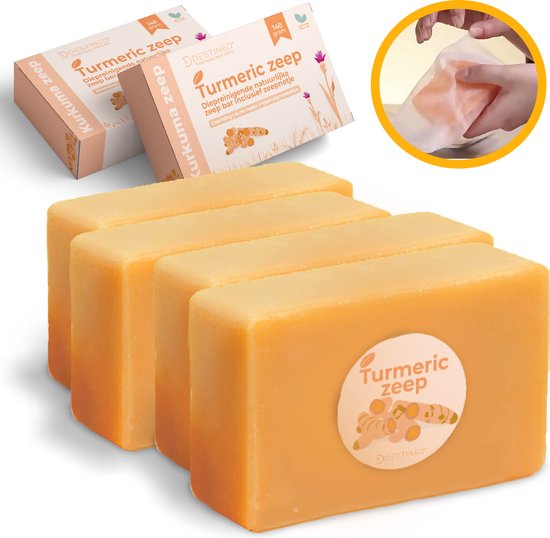 Foto: Destined turmeric soap kurkuma zeep 4x bundel gezichts lichaamsreiniging handzeep dark spot pigmentvlekken verwijderen alternatief voor kojic acid zeep 560g