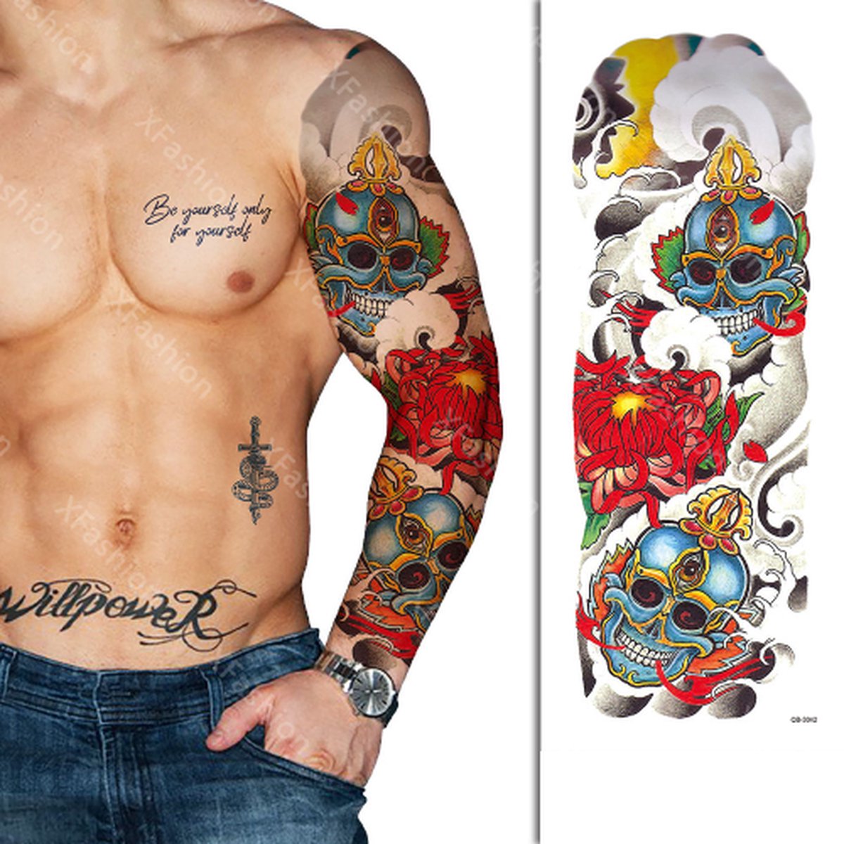 Tattoo Sleeve - Mexico Schedel Doodshoofd Wolken Bloemen - Neptattoo Lichaam en Gezicht - Tijdelijke Henna Plak Tattoos - Nep Tatoeage - Fake Temporary Tattoo - Festival Make-up Outfit Volwassenen Kinderen