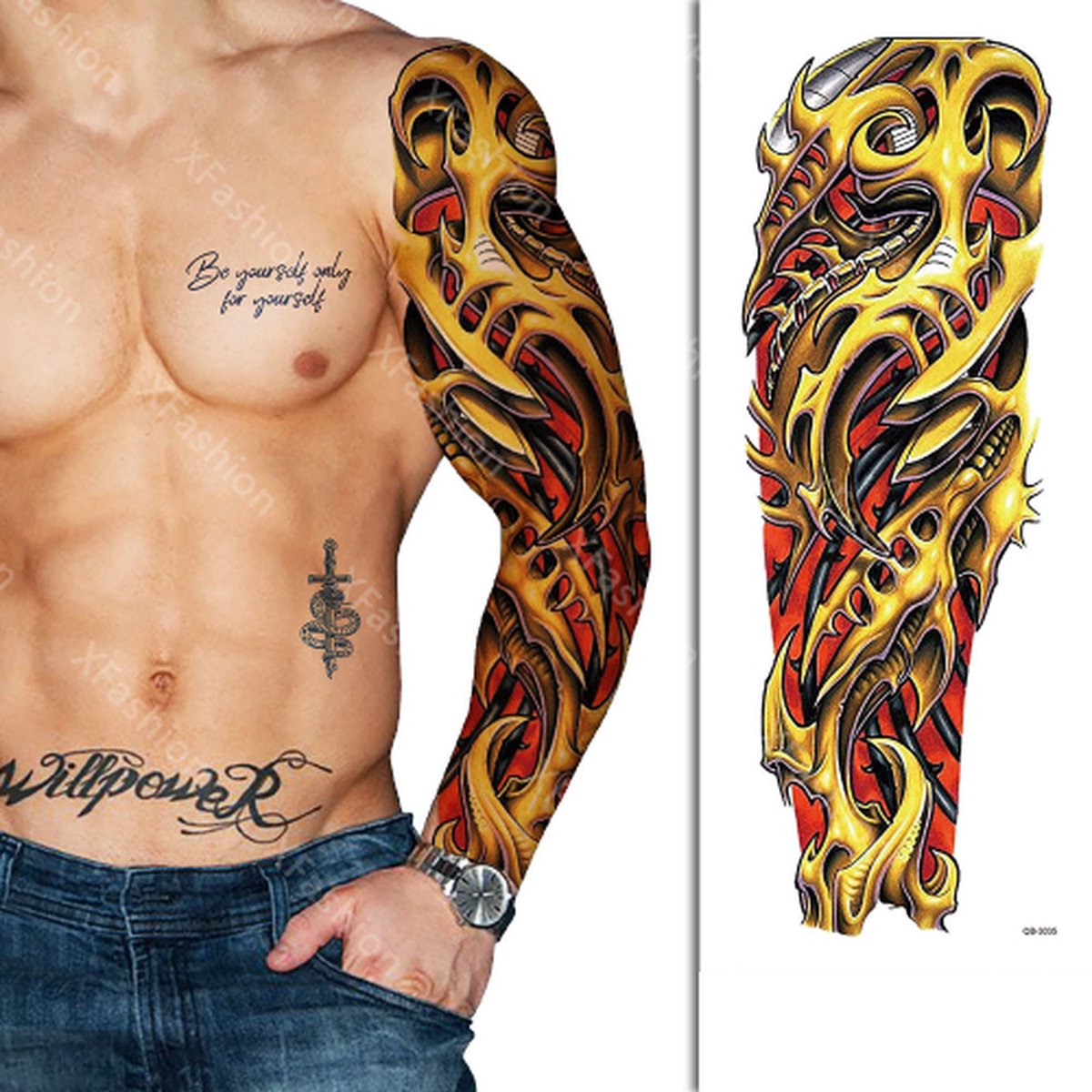 Tattoo Sleeve - Rood Goud Tribal Vuur Fire - Neptattoo Lichaam en Gezicht - Tijdelijke Henna Plak Tattoos - Nep Tatoeage - Fake Temporary Tattoo - Festival Make-up Outfit Volwassenen Kinderen
