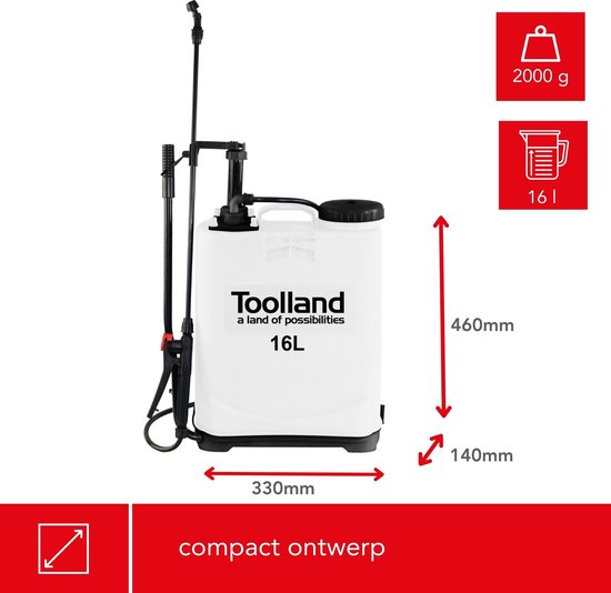 Toolland Rugsproeier met sproeilans, draagriem, niveau-indicator en 3 sproeikoppen, ideaal om planten water te geven of ongedierte te bestrijden, maximale inhoud 16 liter, wit/zwart van Toolland — afbeelding 5