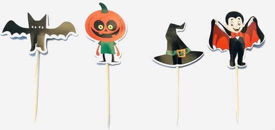Vier Halloween met deze set cocktailprikkers met een vampier, pompoen, heksenhoed en vleermuis.