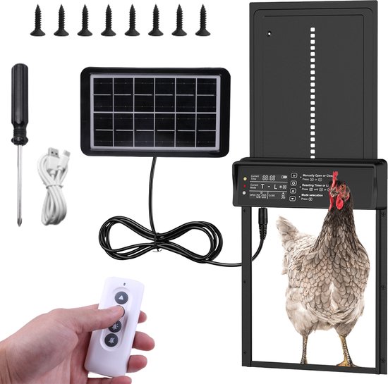 Bodilux® Trappe automatique pour poulets Incl. panneau solaire et kit de montage - Porte poulet Automatique - Trappe à poulet Ouvre-coopérative - Zwart