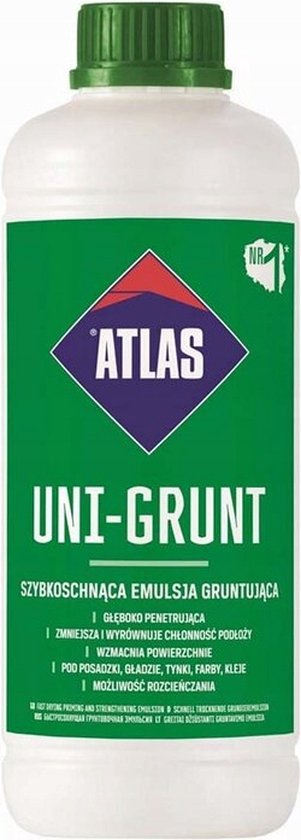 Atlas Uni-Grunt primer, 1 liter fles, met groene dop en label met rode en paarse tekst.