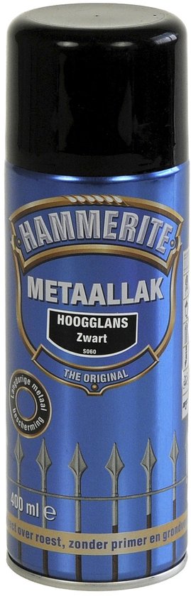 Hammerite Metaallak Hoogglans Zwart spuitbus met een blauw label en afbeelding van een hek. 400 ml.