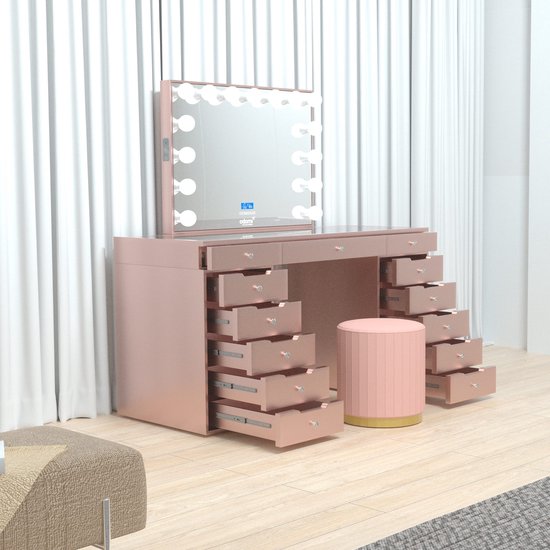 Make-up kaptafel met verlichte spiegel en glazen blad, grote kaptafel met lades, bijzetkast en stoel, make-uptafel met verlichting in 3 kleuren, grote kaptafel voor haar (Color : White, Size : 80cm
