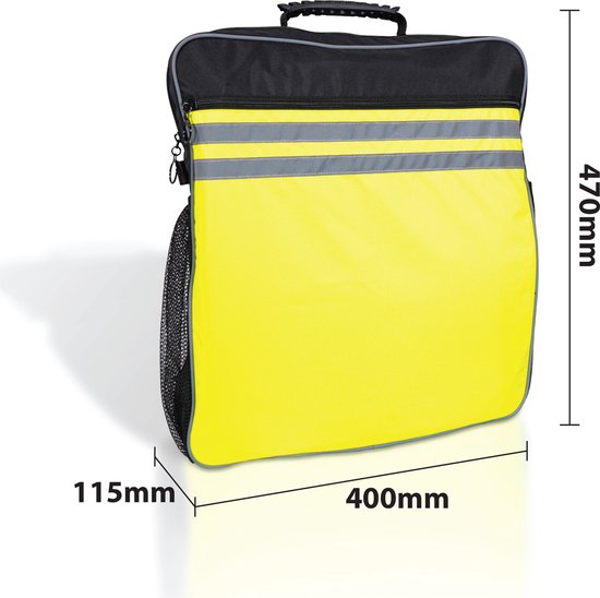 Zwarte scootertas met geel voorvak, reflecterende strepen, maten 470x400x115 mm.