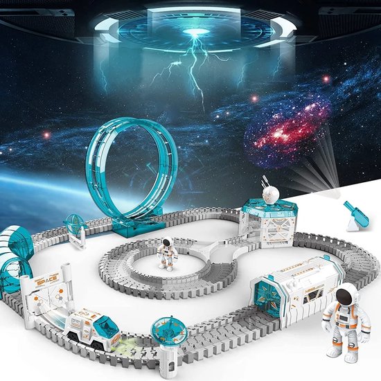 Foto: Space racebaan voor kinderen ontdek de ruimte met onze interactieve elektrische trein speelgoedset flexibele spoorbaan astronauten minifiguren en led lichtshow voor eindeloze creativiteit 204 onderdelen voor kinderen vanaf 3 jaar cadeau