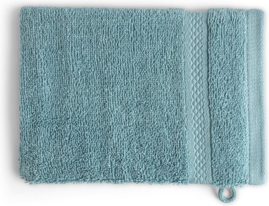 Un gant de toilette turquoise avec une bande tissée et une boucle pour suspendre.