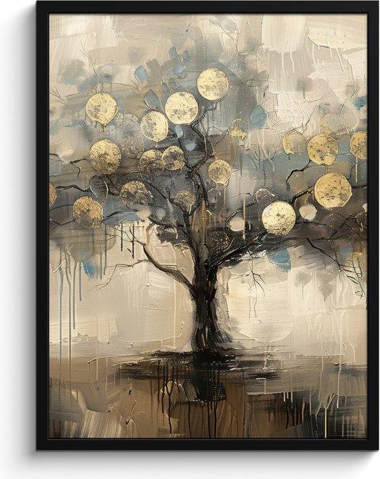 Abstract schilderij van een boom met gouden bladeren in een zwarte lijst.