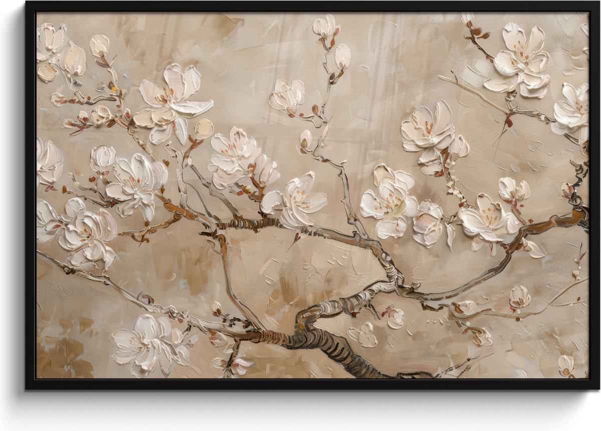 FrameYourWall Poster in lijst - Fotolijst 120x80 cm - Posters - Bloemen - Modern - Beige - Wit - Bloesem - Posterlijst zwart - Decoratie - Wanddecoratie woonkamer - Muurdecoratie slaapkamer
