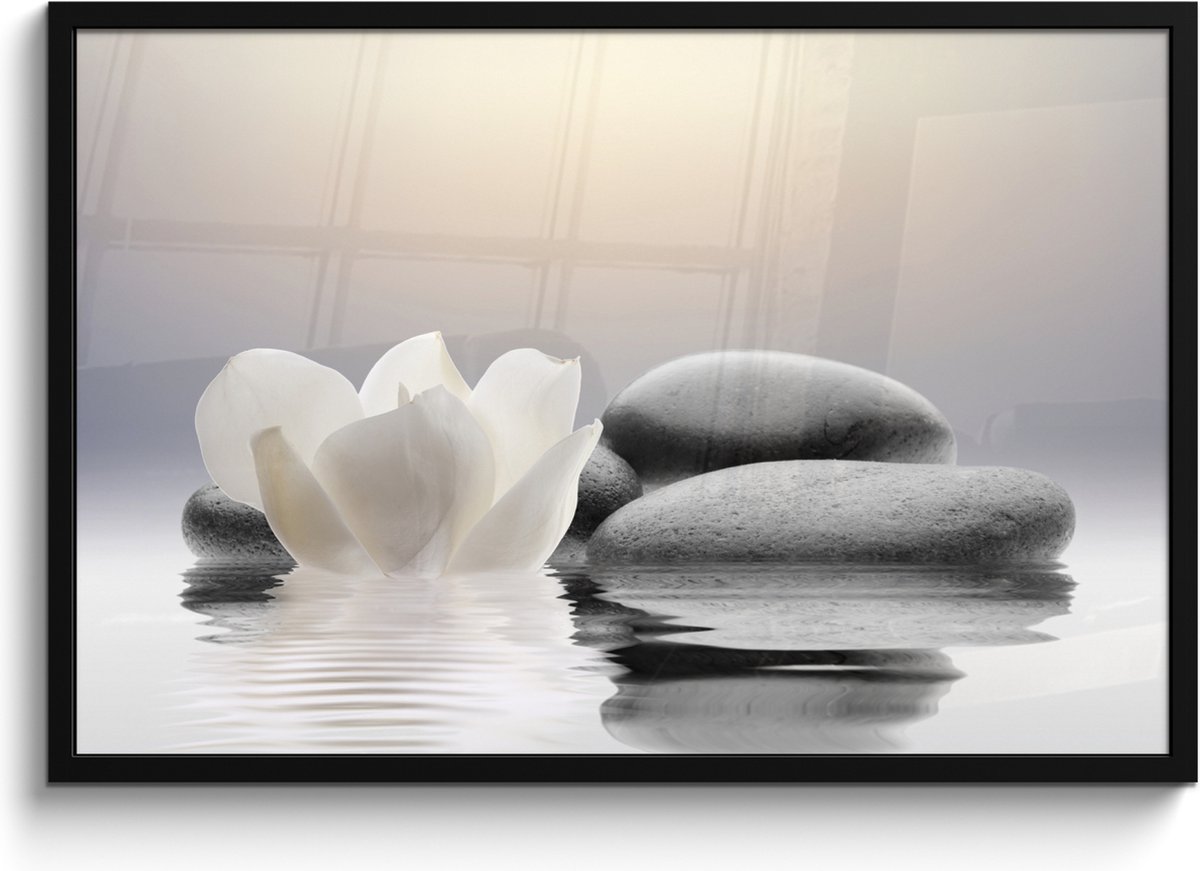 FrameYourWall Poster in lijst - Fotolijst 90x60 cm - Posters - Stenen - Lotus - Wit - Water - Zen - Posterlijst zwart - Wanddecoratie badkamer - Muurdecoratie WC - Decoratieve accessoires - Toilet muur decoratie Stenen - Bloem