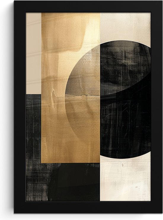 Abstracte kunst met zwarte en gouden geometrische vormen in een zwarte lijst.