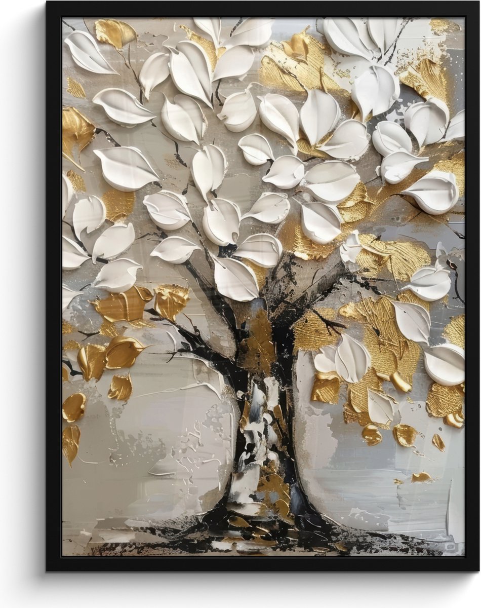 FrameYourWall Poster in lijst - Fotolijst 60x80 cm - Posters - Boom - Beige - Grijs - Goud - Abstract - Posterlijst zwart - Decoratie - Wanddecoratie woonkamer - Muurdecoratie slaapkamer