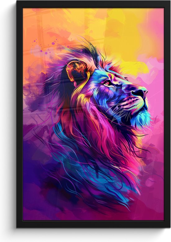 Affiche sous cadre - Cadre photo 40x60 cm - Posters - Lion - Peinture- Couleurs - Animal - Cadre affiche noir - Décoration murale pour chambre ado - Décoration chambre ado - Accessoires chambre ados