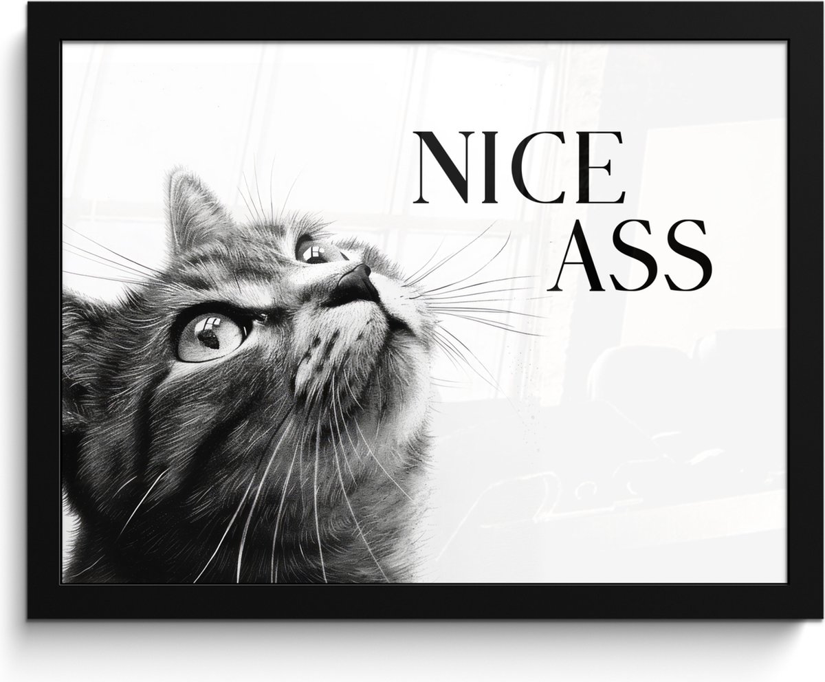 Poster in lijst - Fotolijst 40x30 cm - Posters - Katten - Nice ass - Quote - Zwart wit - S