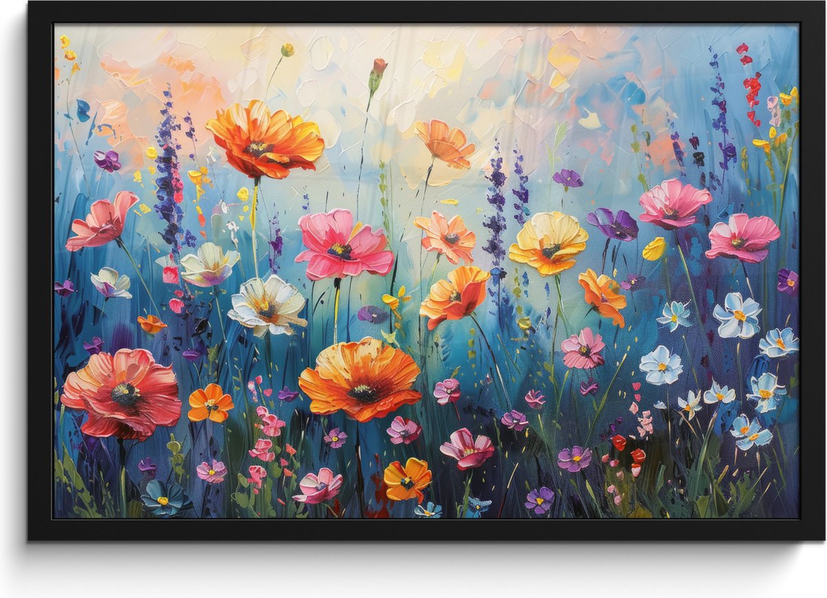 FrameYourWall Poster in lijst - Fotolijst 60x40 cm - Posters - Bloemen - Natuur - Waterverf - Kunst - Posterlijst zwart - Decoratie - Wanddecoratie woonkamer - Muurdecoratie slaapkamer Weidebloemen