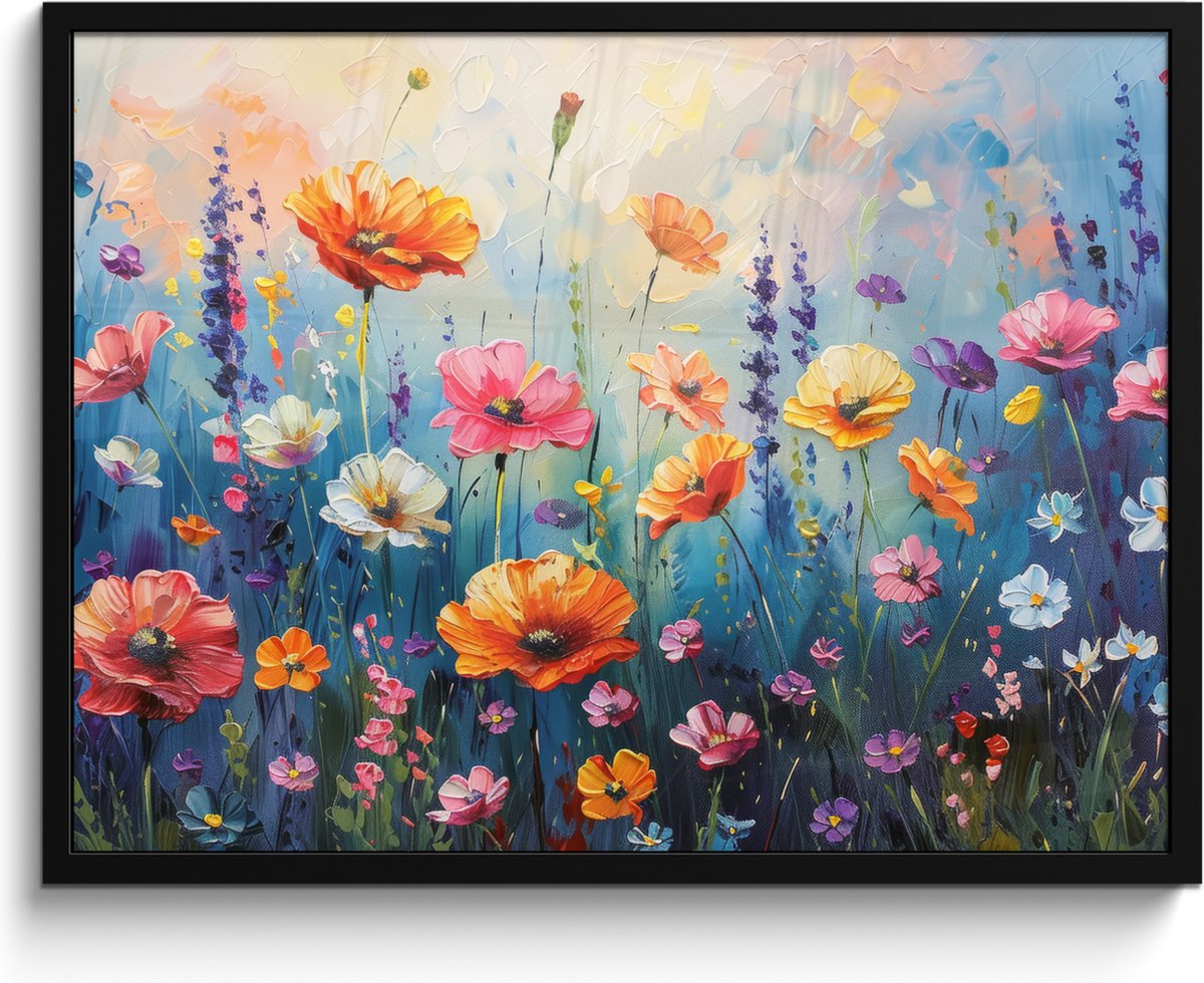 FrameYourWall Poster in lijst - Fotolijst 80x60 cm - Posters - Bloemen - Natuur - Waterverf - Kunst - Posterlijst zwart - Decoratie - Wanddecoratie woonkamer - Muurdecoratie slaapkamer Weidebloemen