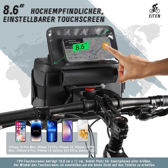 Fietsstuurtas met stuuradapter voor e-bikes - Vooraan waterdichte fietstas met telefoonhouder en afneembare schouderriem (4 L) Stuurtas fiets van VAUDE — afbeelding 4
