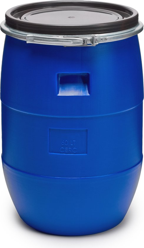 Fût bleu en plastique de 60 litres avec couvercle et pince métallique.