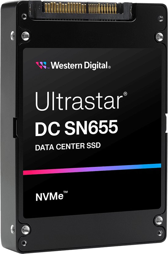 Western Digital Ultrastar DC SN655 data center SSD met een U.3 interface, zwart met een rode en blauwe streep.