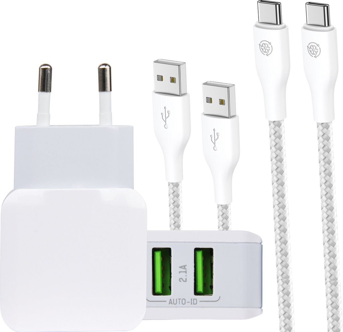 Usb Lader 2 Poorten + 2x usb naar usb C Kabel - 2 Meter usb-C Kabels - 10w Oplader - Universeel