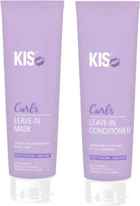 Twee paarse KIS flessen: een masker en een conditioner voor krullen. Tekst: Curls LEAVE-IN MASK en Curls LEAVE-IN CONDITIONER.
