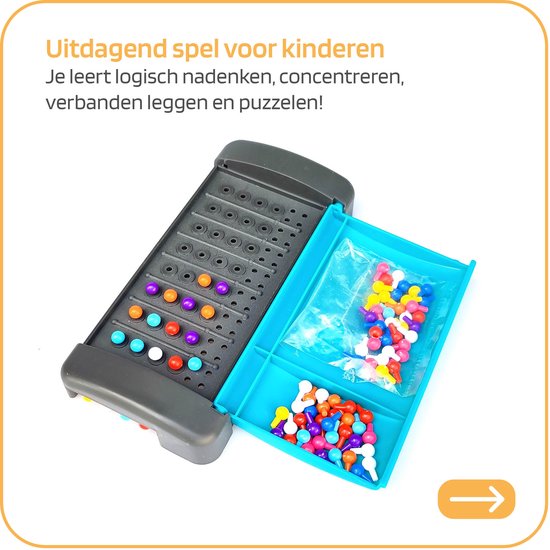 Een grijze speeltafel met blauw deksel dat openstaat en een bakje met kleurrijke spelden en balletjes toont. "Uitdagend spel voor kinderen"