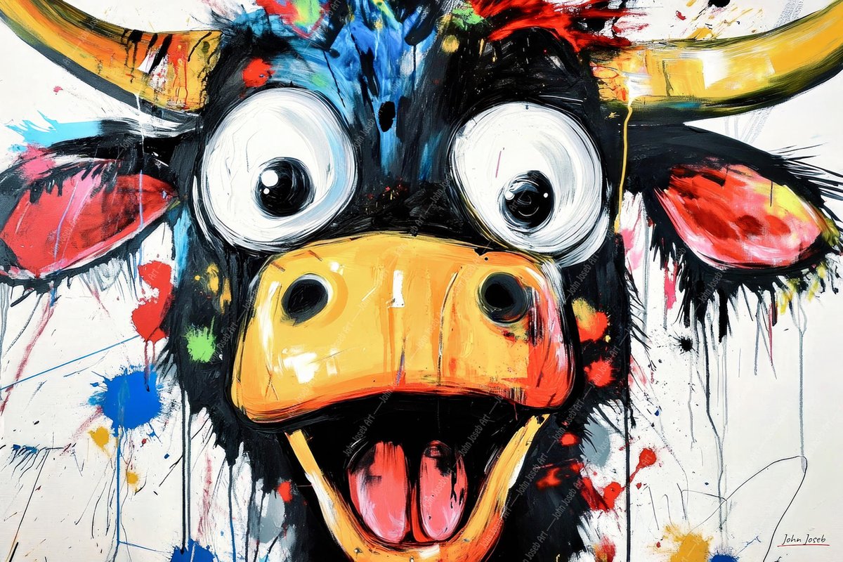 John Joseb Art (Aluminium) 120x80 | De blije koe, stier, humor, kleurrijk, abstract, portret, kunst | dier, rood, blauw, geel, modern | foto-schilderij op dibond, metaal wanddecoratie
